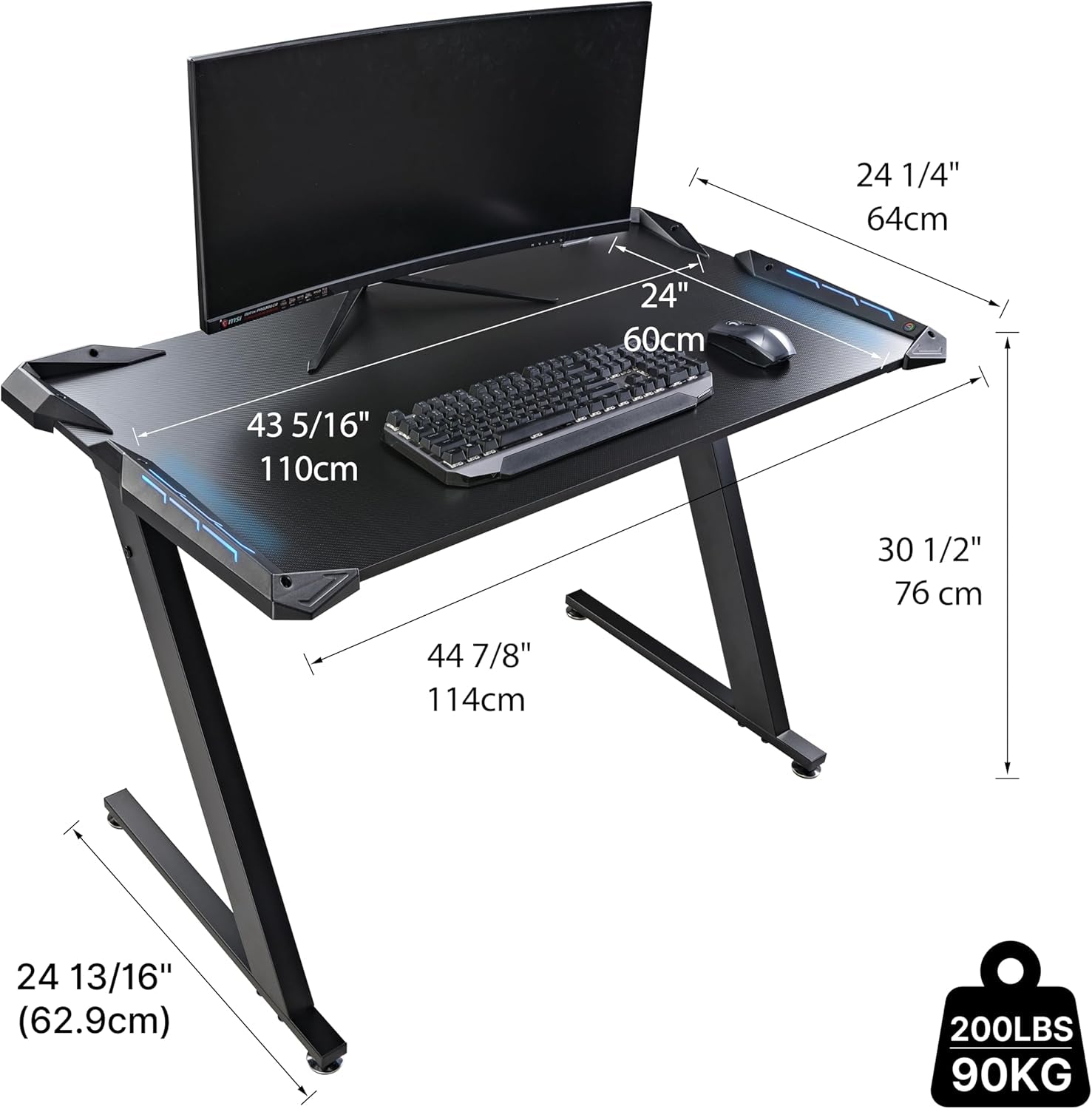 Gaming Desk with LED Lights Home Office RGB Table, Small Gaming Desk, Computer Table, Black